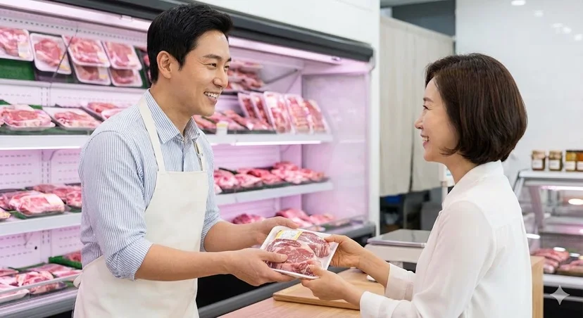 최상의 고기 품질에 만족하며 단골이 된 고객과 웃고 있는 정육점 사장님의 모습