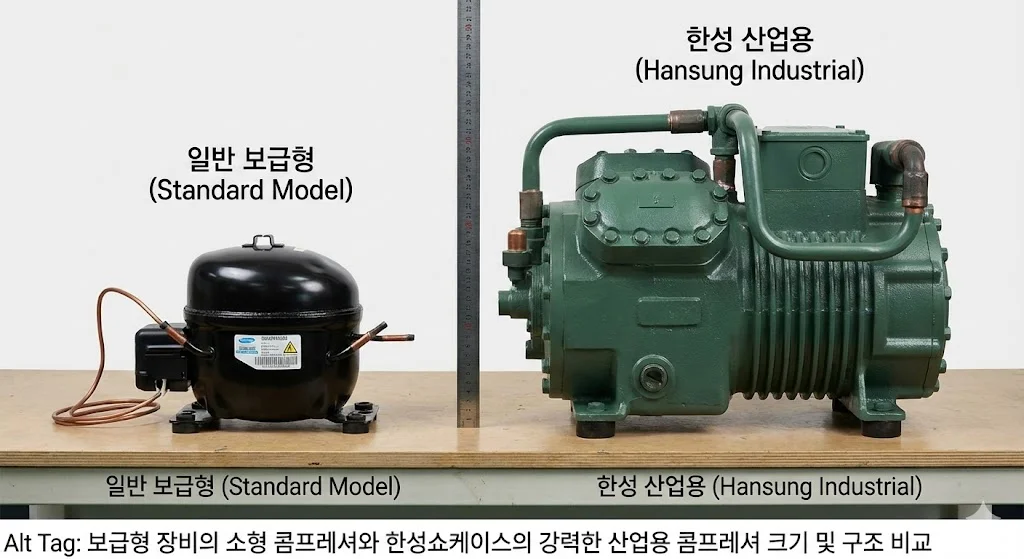 보급형 장비의 소형 콤프레셔와 한성쇼케이스의 강력한 산업용 콤프레셔 크기 및 구조 비교
