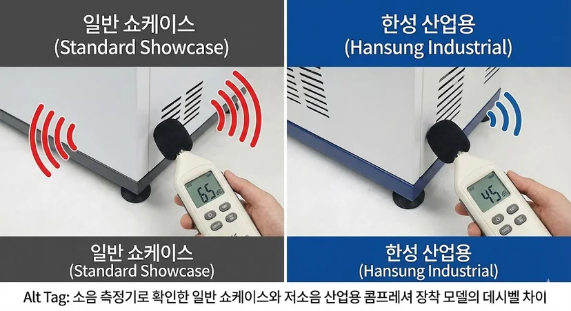 소음 측정기로 확인한 일반 쇼케이스와 저소음 산업용 콤프레셔 장착 모델의 데시벨 차이