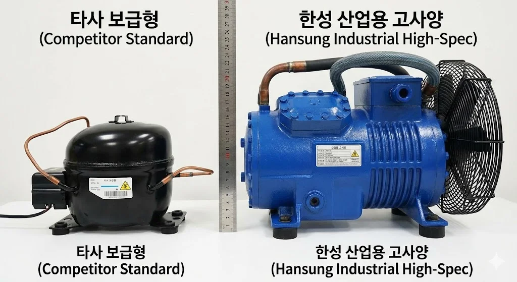 타사 보급형 콤프레셔와 한성쇼케이스의 강력한 산업용 고사양 콤프레셔 부품 정밀 비교