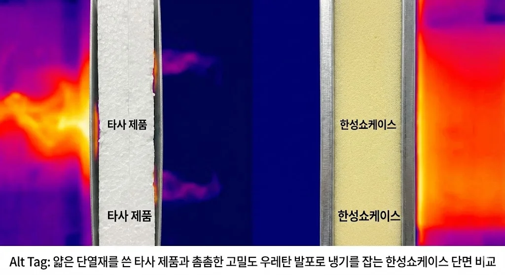얇은 단열재를 쓴 타사 제품과 촘촘한 고밀도 우레탄 발포로 냉기를 잡는 한성쇼케이스 단면 비교