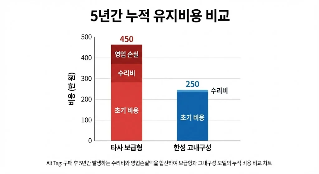 구매 후 5년간 발생하는 수리비와 영업 손실액을 합산하여 보급형과 고내구성 모델의 누적 비용 비교 차트