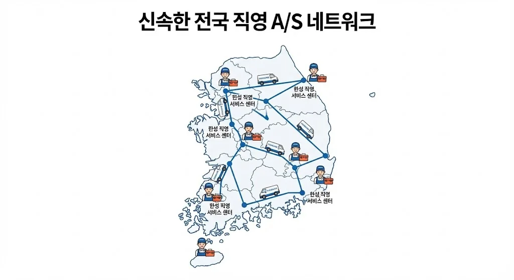 전국 주요 거점에 배치된 한성쇼케이스 직영 서비스 차량과 전문 엔지니어들의 신뢰감 있는 모습