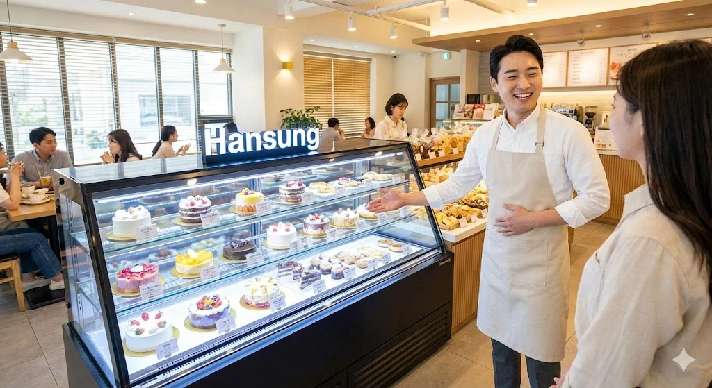 고장 걱정 없이 환하게 웃으며 손님을 맞이하는 사장님과 매장 한가운데 빛나는 프리미엄 쇼케이스