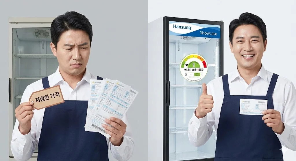 저렴한 가격표와 높은 고지서를 들고 고민하는 사장님과 대조되는, 한성쇼케이스를 도입해 미소 짓는 사장님의 모습