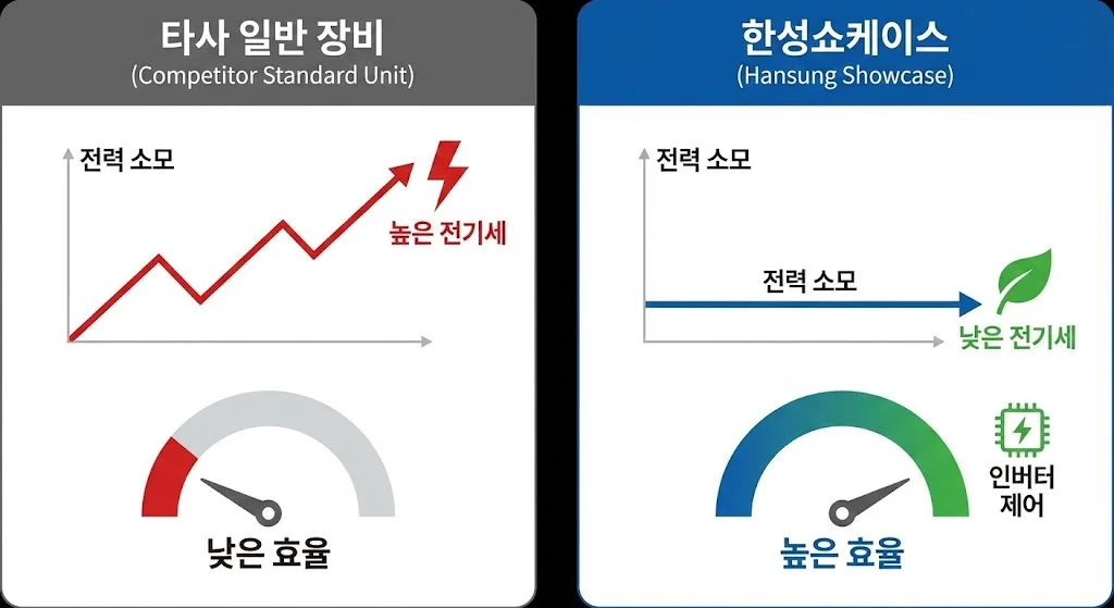 타사 일반 장비의 높은 전력 소모 그래프와 한성쇼케이스의 저전력 고효율 운영 방식을 비교한 인포그래픽