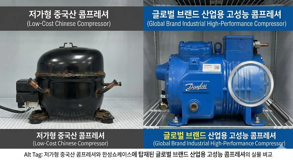 저가형 중국산 콤프레셔와 한성쇼케이스에 탑재된 글로벌 브랜드 산업용 고성능 콤프레셔의 실물 비교