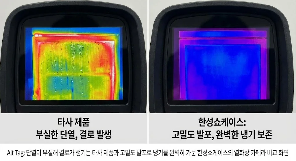 단열이 부실해 결로가 생기는 타사 제품과 고밀도 발포로 냉기를 완벽히 가둔 한성쇼케이스의 열화상 카메라 비교 화면