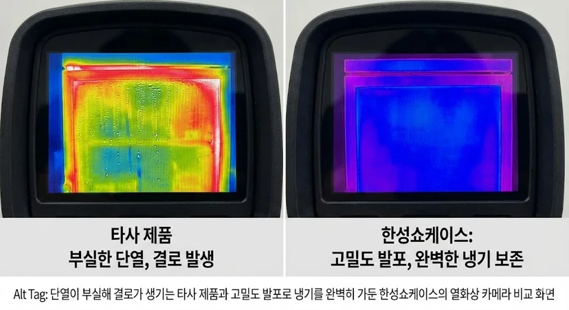 단열이 부실해 결로가 생기는 타사 제품과 고밀도 발포로 냉기를 완벽히 가둔 한성쇼케이스의 열화상 카메라 비교 화면