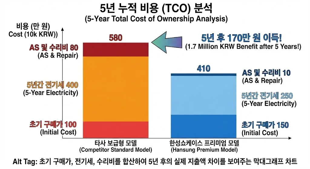 초기 구매가, 전기세, 수리비를 합산하여 5년 후의 실제 지출액 차이를 보여주는 막대그래프 차트