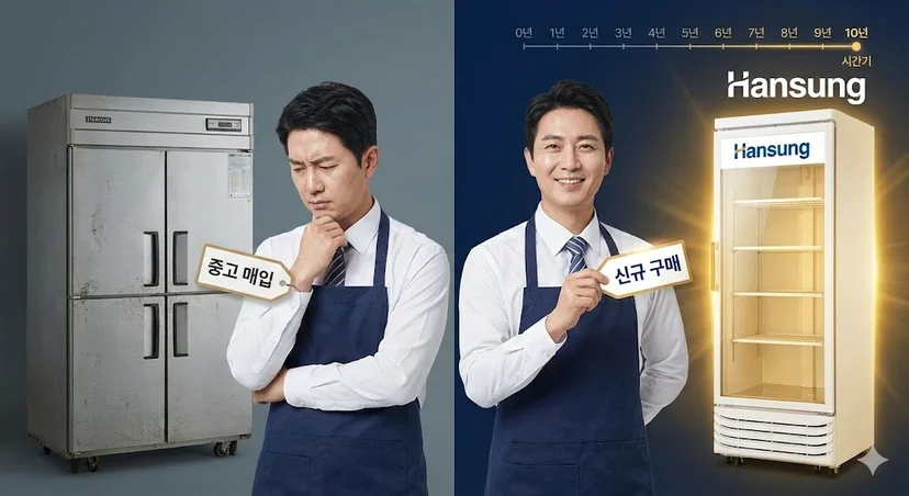 '중고 매입'과 '신규 구매' 사이에서 고민하는 사장님 뒤로, 시간이 흘러도 가치를 유지하는 한성쇼케이스가 빛나는 모습