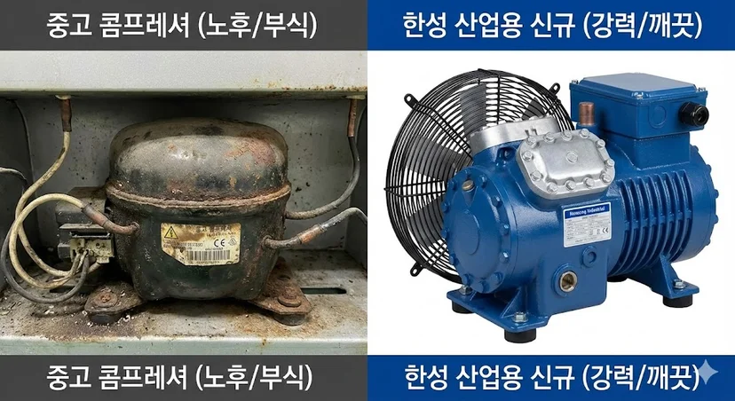 수명이 다해 부식된 중고 콤프레셔와 한성쇼케이스에 탑재된 깨끗하고 강력한 새 산업용 콤프레셔의 대조 사진