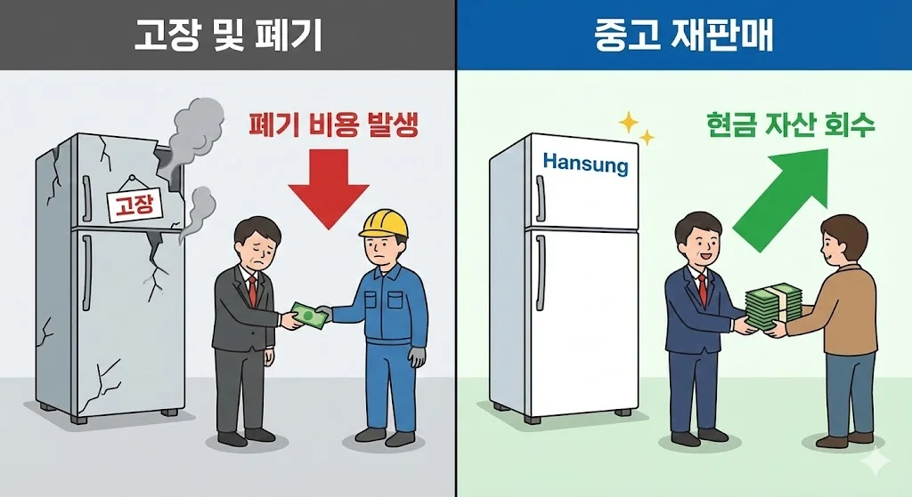 고장 난 장비를 버리기 위해 폐기 비용을 지불하는 상황과 중고로 되팔아 현금을 확보하는 사장님의 대조적인 인포그래픽