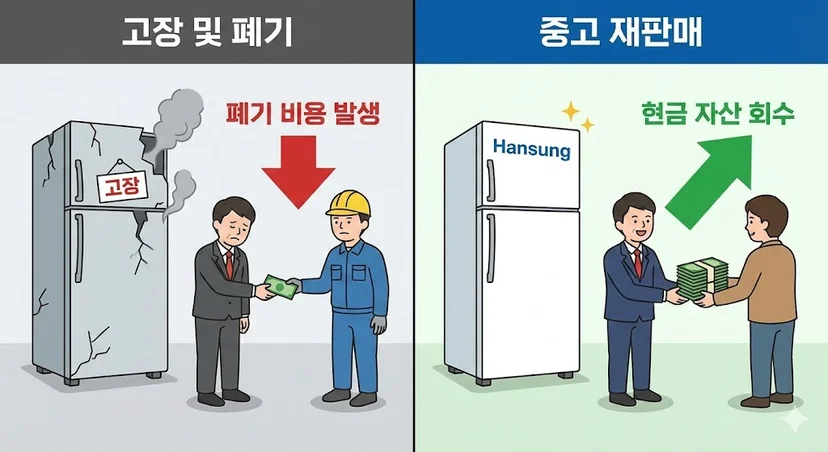 고장 난 장비를 버리기 위해 폐기 비용을 지불하는 상황과 중고로 되팔아 현금을 확보하는 사장님의 대조적인 인포그래픽