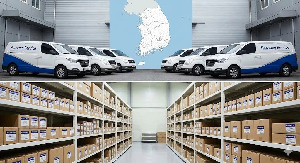 전국 어디서나 연중무휴로 운영되는 한성쇼케이스의 직영 서비스 차량과 체계적인 부품 관리 창고 모습