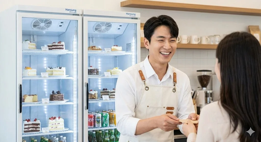 튼튼한 장비 덕분에 고장 걱정 없이 장사에만 전념하여 성공 가도를 달리는 사장님의 밝은 미소와 활기찬 매장 전경