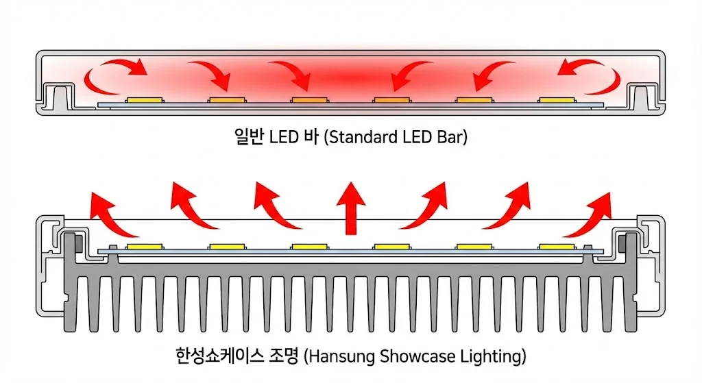 열을 내부에 가두는 일반 LED 바와 알루미늄 히트싱크로 열을 배출하는 한성쇼케이스 조명의 방열 구조 대조