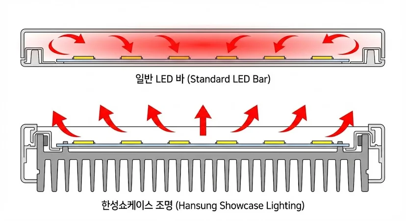 열을 내부에 가두는 일반 LED 바와 알루미늄 히트싱크로 열을 배출하는 한성쇼케이스 조명의 방열 구조 대조