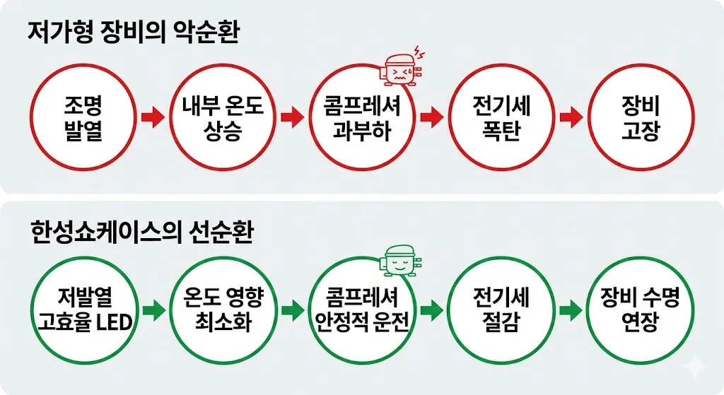 조명 발열 때문에 쉴 새 없이 돌아가는 콤프레셔와 효율적인 냉각으로 전기세를 아끼는 과정을 보여주는 인포그래픽