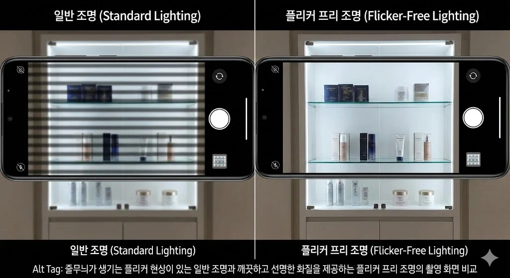 줄무늬가 생기는 플리커 현상이 있는 일반 조명과 깨끗하고 선명한 화질을 제공하는 플리커 프리 조명의 촬영 화면 비교