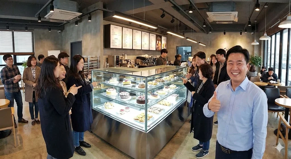 최적의 조명 덕분에 상품 가치가 살아나 손님들로 붐비는 매장 전경과 성공한 사장님의 환한 미소