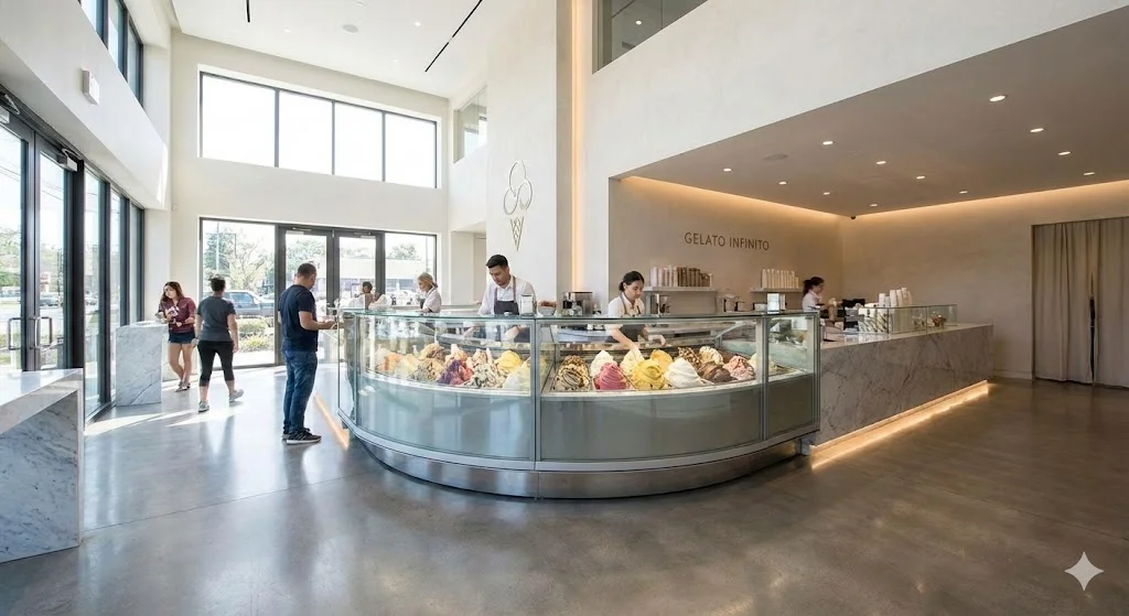 매장을 1.5배 넓어 보이게 하는 심리스 젤라또 쇼케이스  프레임이 없는 탁 트인 디자인으로 매장 전체에 개방감을 주는 하이엔드 젤라또 부티크의 모습입니다.