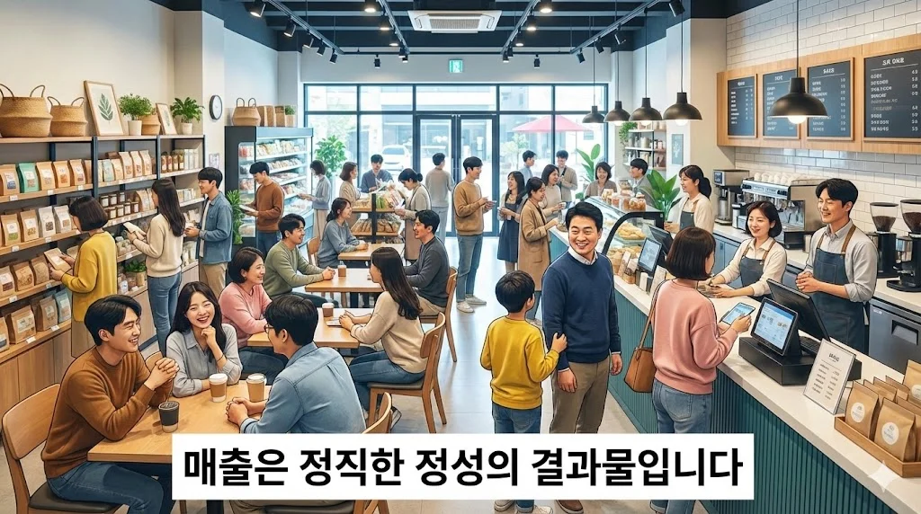 모든 마케팅 전략이 성공하여 손님들로 북적이는 활기찬 매장의 전경을 담은 이미지입니다.