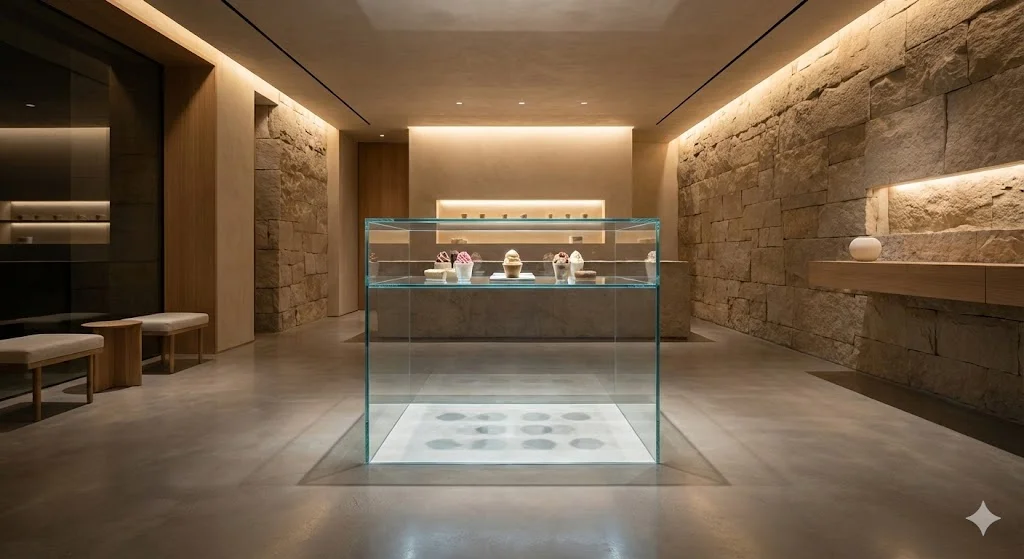 공간의 품격을 높이는 미니멀한 하이엔드 디자인 단순한 냉동고가 아닌, 인테리어의 오브제로서 매장 분위기를 완성하는 고급스러운 쇼케이스 배치 컷입니다.