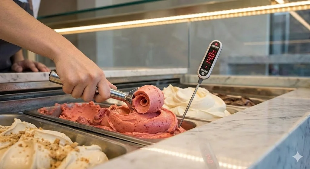 젤라또를 스쿱으로 뜨는 모습과 온도계를 보여주는 상세 컷