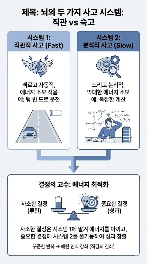 뇌과학적 의사결정 원리를 설명하는 인포그래픽. 상단에는 '시스템 1(직관적 사고)'과 '시스템 2(분석적 사고)'를 대조하여 보여준다. 왼쪽의 시스템 1은 빠르고 자동적이며 텅 빈 도로 운전처럼 에너지 소모가 적은 반면, 오른쪽의 시스템 2는 느리고 논리적이며 복잡한 계산처럼 막대한 에너지를 소모함을 시각화했다. 하단에는 '결정의 고수: 에너지 최적화' 전략을 저울 일러스트로 표현하여, 사소한 결정(루틴)은 시스템 1에 맡겨 배터리를 아끼고, 중요한 결정(성과)에는 시스템 2를 풀가동하여 패턴 인식을 강화해야 한다