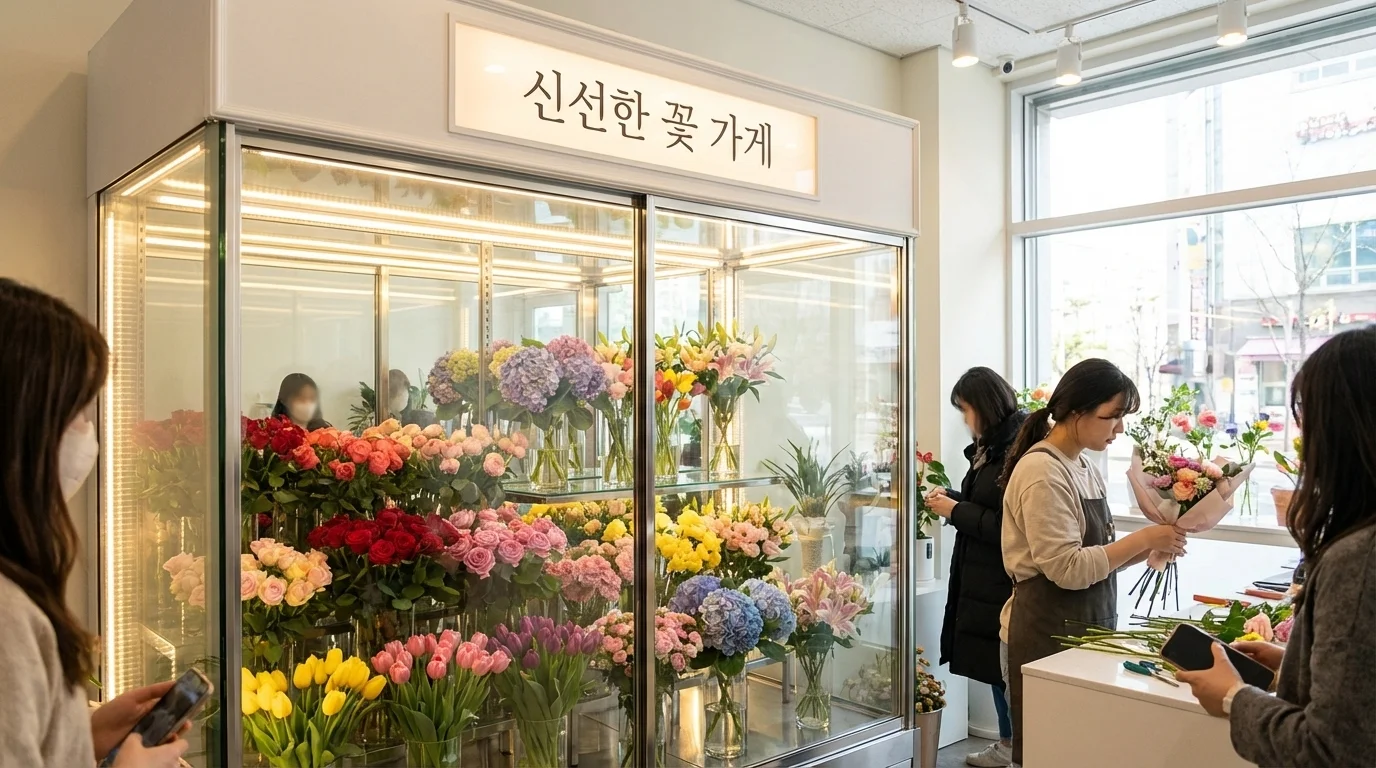 최적의 습도로 신선도가 유지되는 꽃 냉장고 쇼케이스 실제 운영 모습