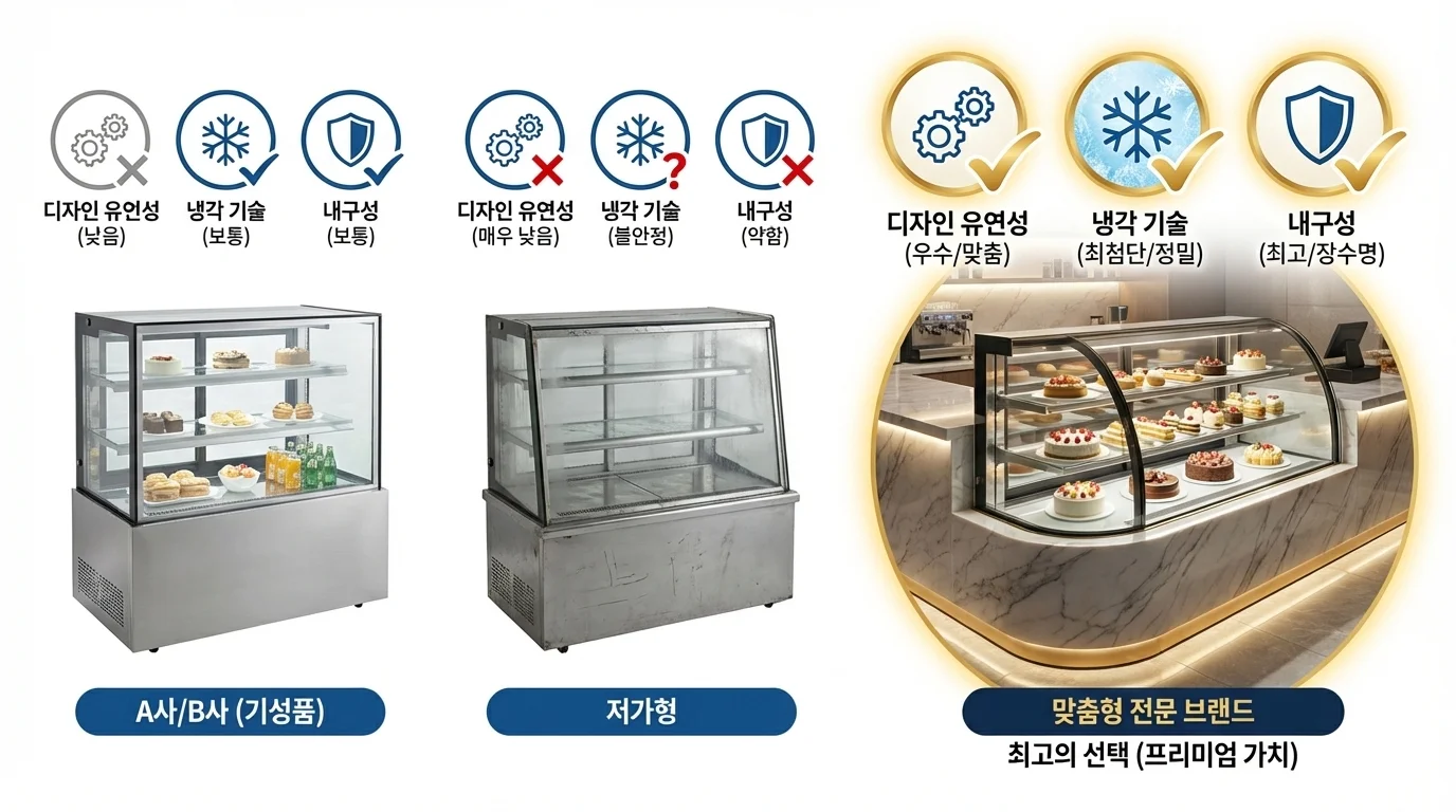 기성품 쇼케이스와 맞춤형 전문 브랜드 쇼케이스의 디자인 및 기능 비교