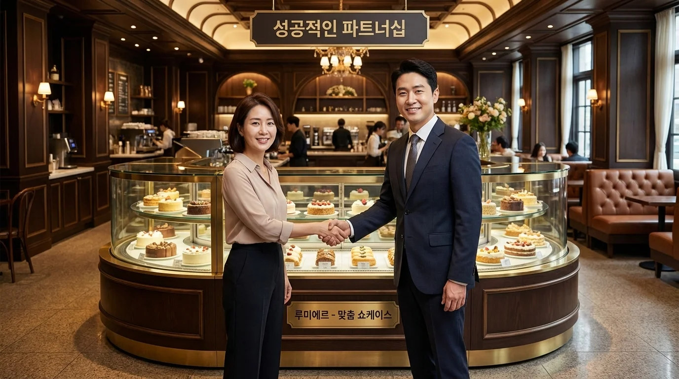 성공적인 맞춤형 쇼케이스 설치 후 만족해하는 카페 사장님과 전문가의 모습