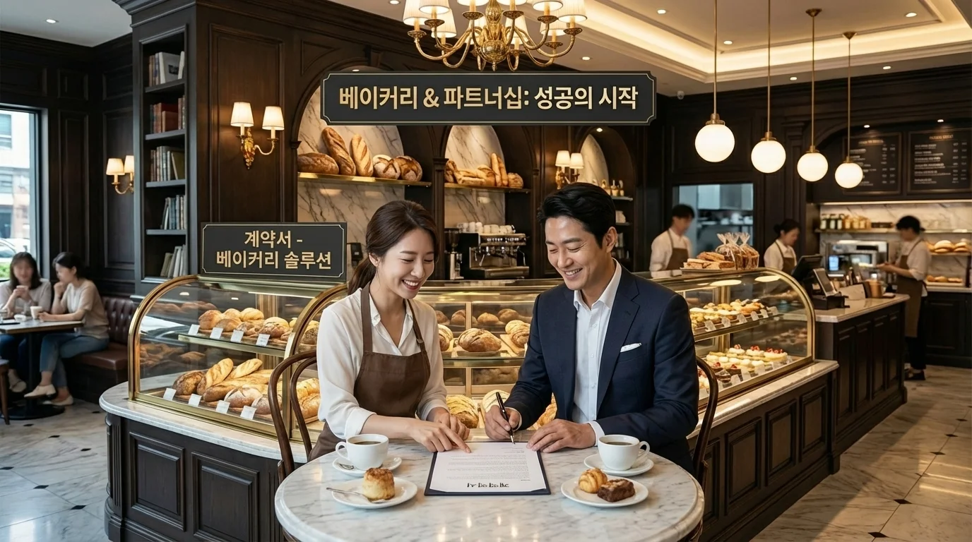 성공적인 맞춤형 쇼케이스 계약 후 만족해하는 카페 사장님과 전문가의 모습