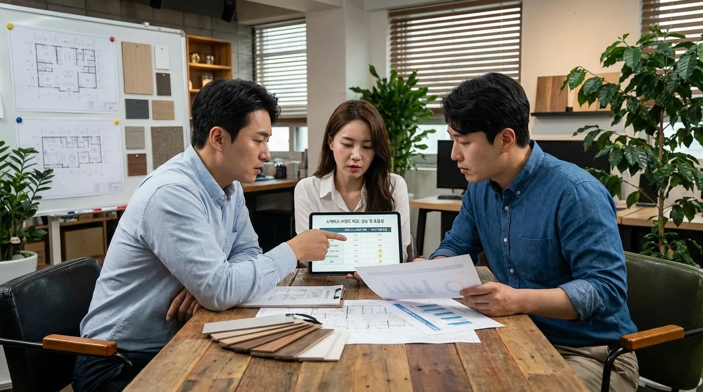 테이블에 둘러앉아 쇼케이스 브랜드 비교 차트를 진지하게 검토하는 사장님들