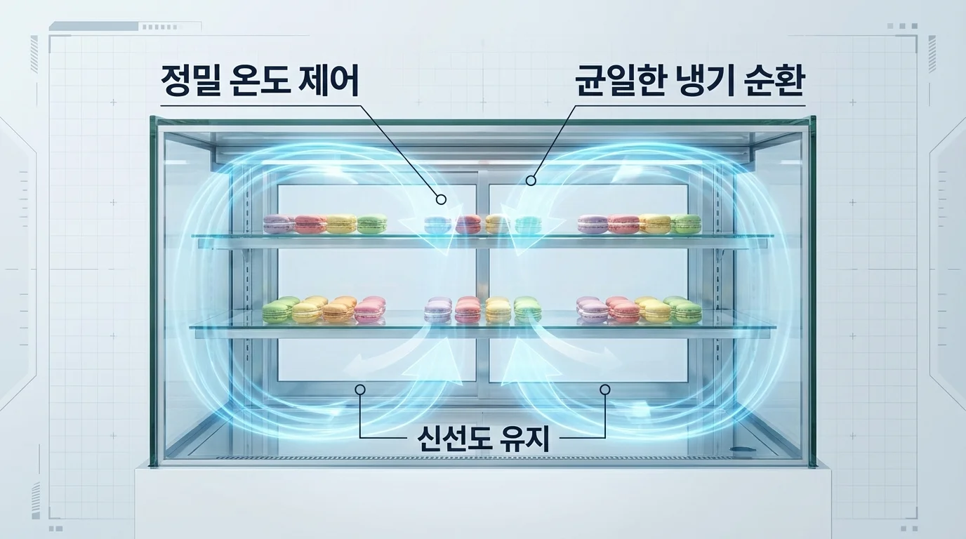 쇼케이스 내부의 정밀한 냉기 흐름으로 냉기가 마카롱 사이사이를 부드럽게 감싸는 모습