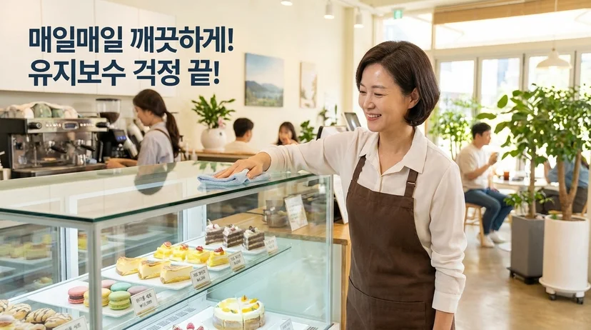 쇼케이스 유리를 깨끗한 천으로 닦으며 환하게 웃고 있는 카페 사장님