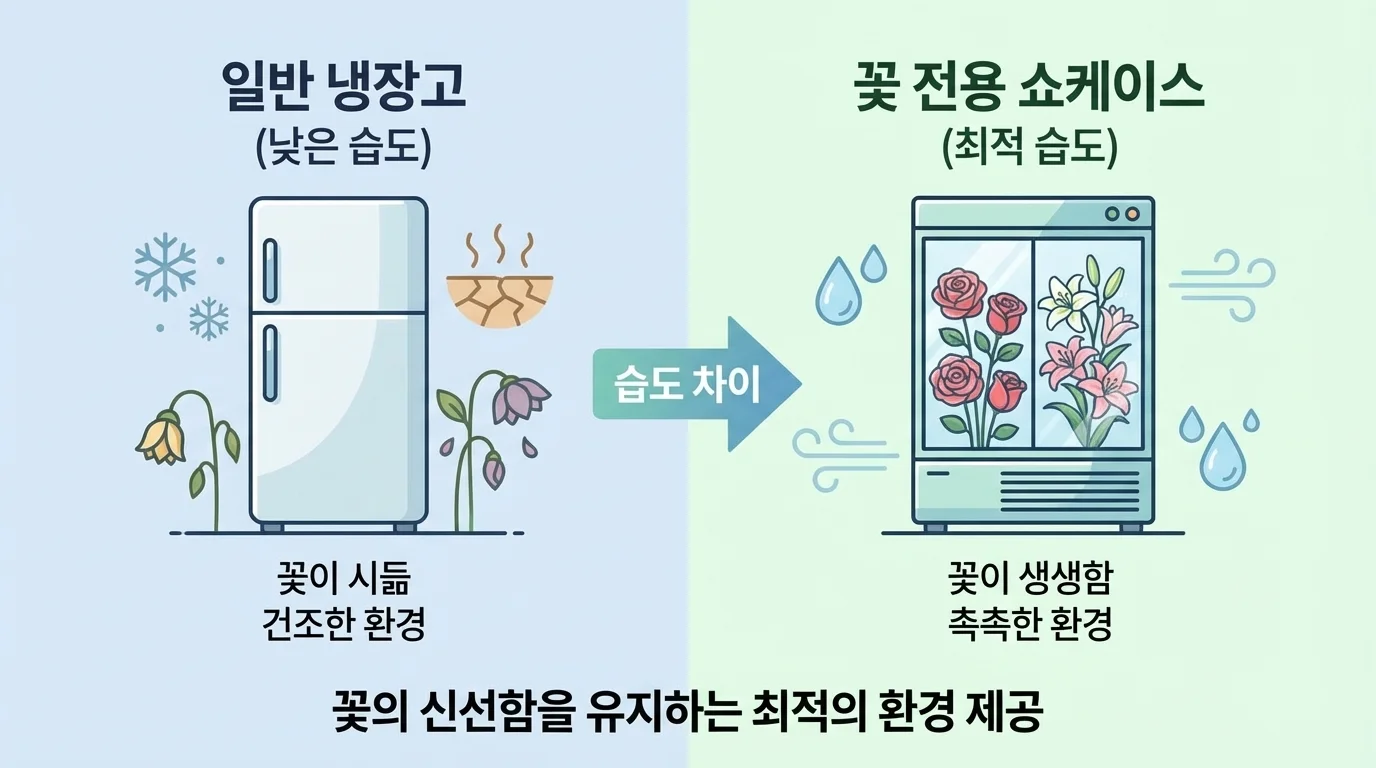 일반 냉장고와 꽃 전용 쇼케이스의 내부 습도 차이
