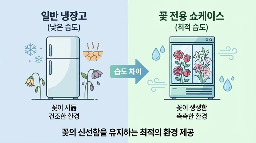 일반 냉장고와 꽃 전용 쇼케이스의 내부 습도 차이