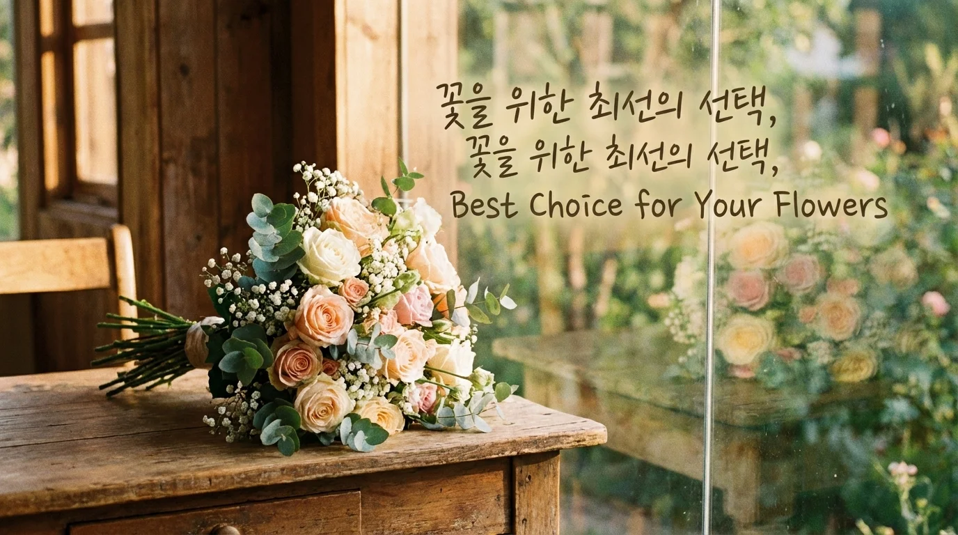 'Best Choice for Your Flowers'라는 문구와 함께 쇼케이스에서 맊 꺼내어 놓아둔 신선한 꽃다발