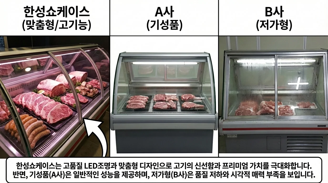 한성쇼케이스, A사, B사 정육 쇼케이스 비교 이미지