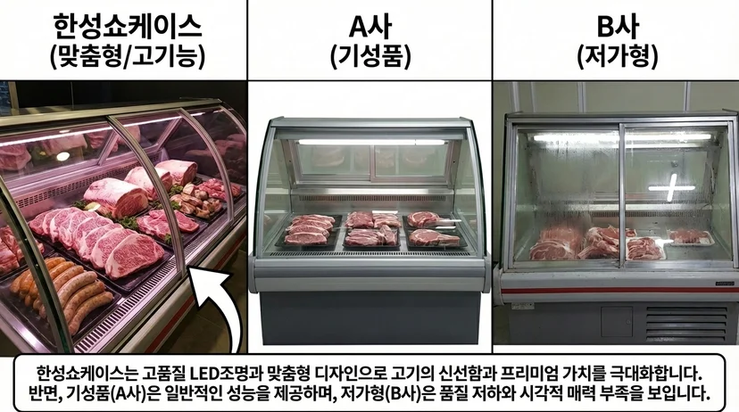 한성쇼케이스, A사, B사 정육 쇼케이스 비교 이미지