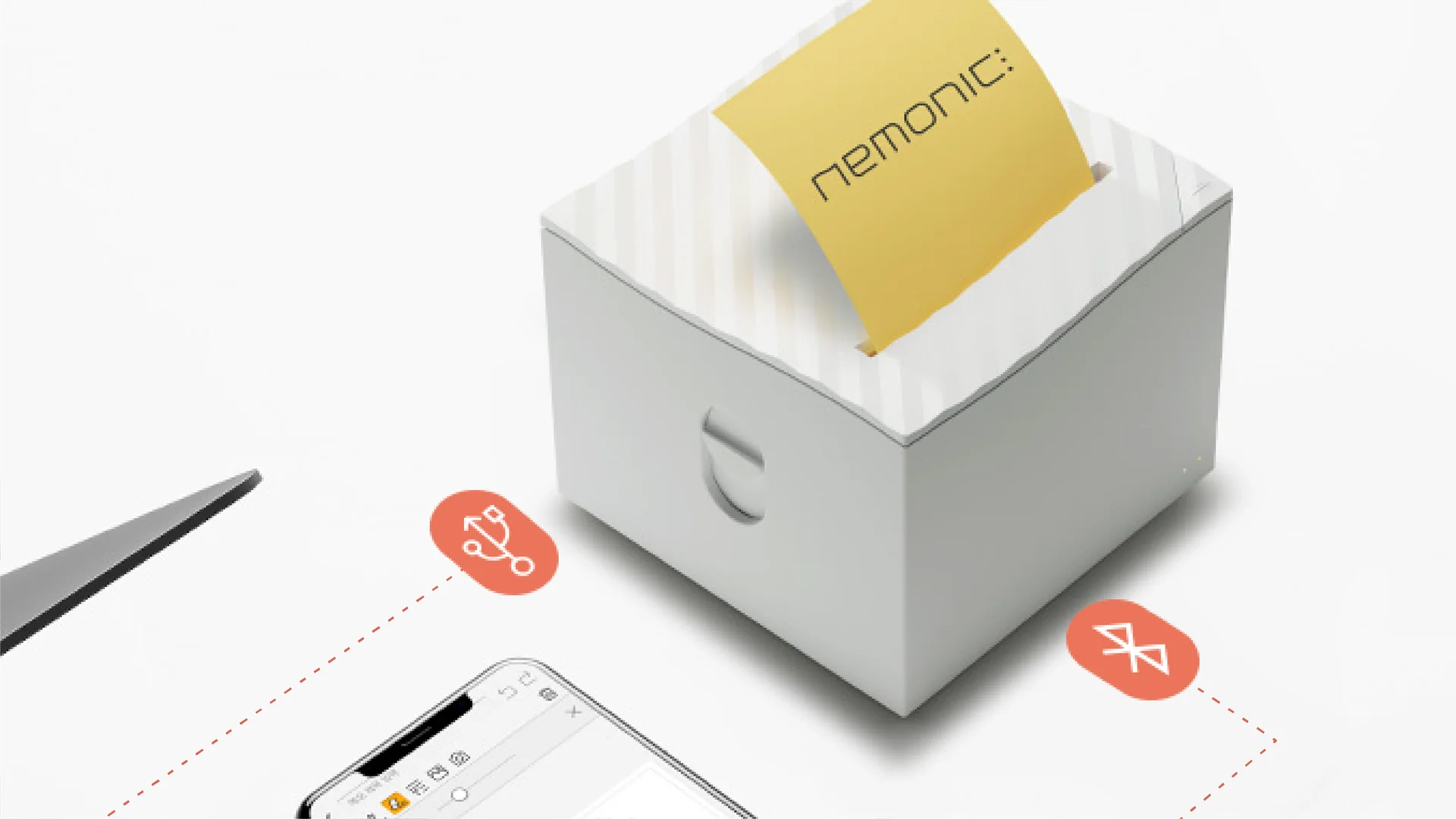 네모닉 AI가 블루투스를 통해 노트북, 핸드폰과 연결됨을 표현하는 이미지