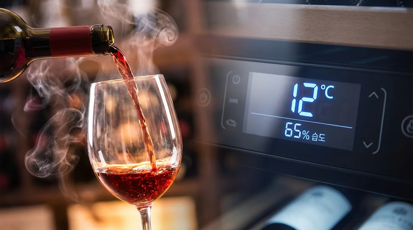 와인 잔 속으로 와인이 따르며 향이 퍼지는 모습과 그 뒤로 정밀하게 온도가 표시된 쇼케이스의 제어판