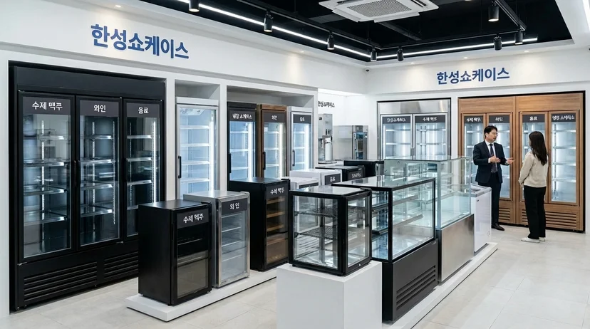  다양한 사이즈와 세련된 디자인의 한성쇼케이스들이 전시된 깔끔한 쇼룸의 모습