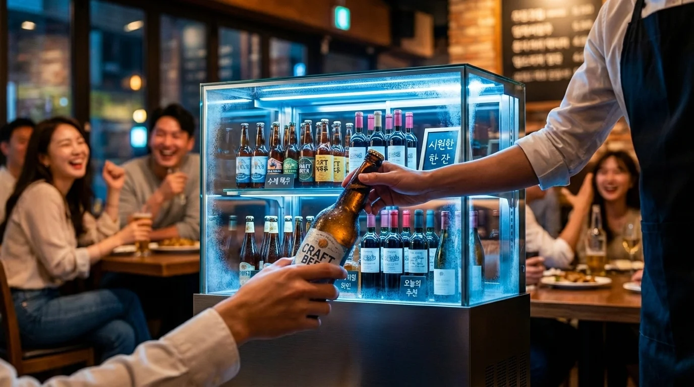 바쁜 저녁 시간, 세련된 쇼케이스에서 주류를 꺼내는 직원의 모습과 이를 즐거워하는 고객들