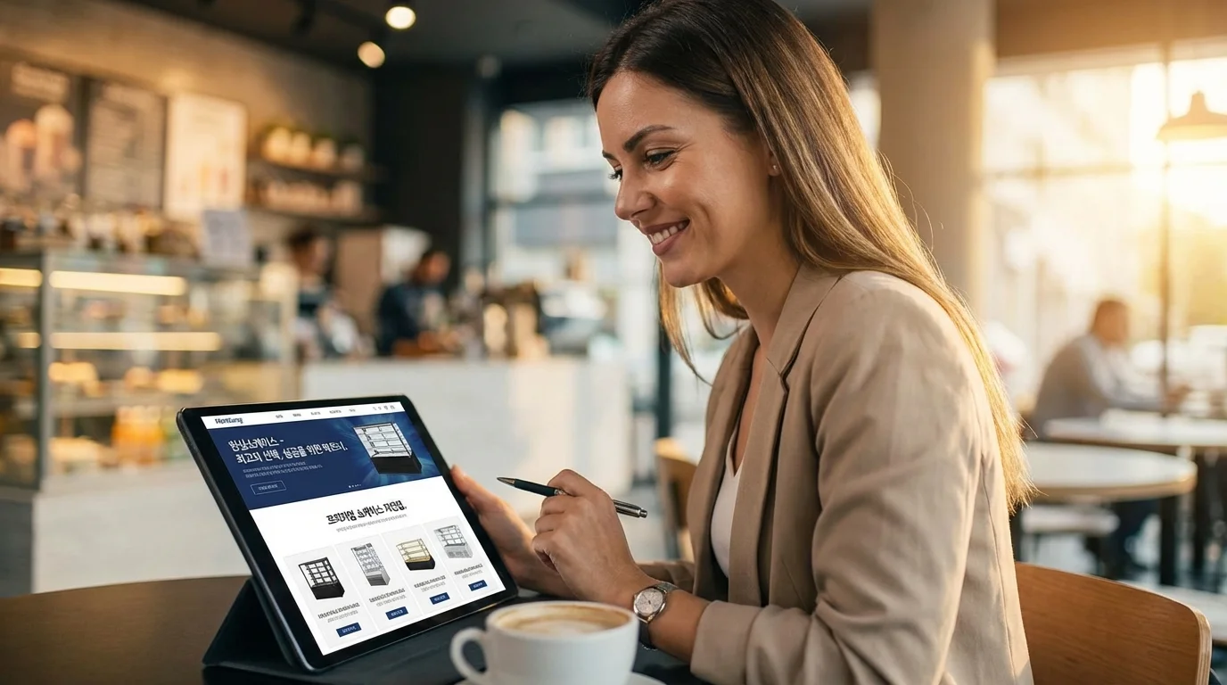 카탈로그와 웹사이트를 보면서 쇼케이스 선택을 고민하는 창업주