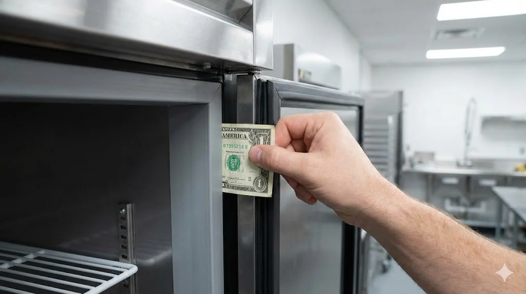 냉장고 문 가스켓의 밀폐 상태를 닦으며 점검하는 모습