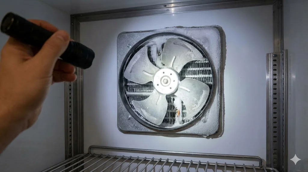 팬모터 날개 주변의 이물질과 성에를 살피는 이미지