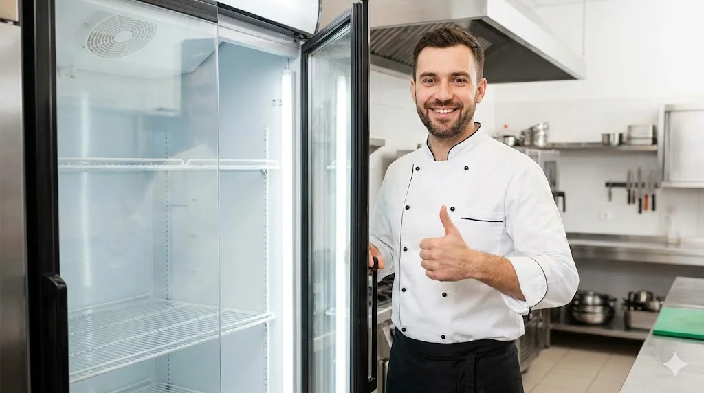 자가 점검을 마친 냉장고 옆에서 미소 짓는 사장님